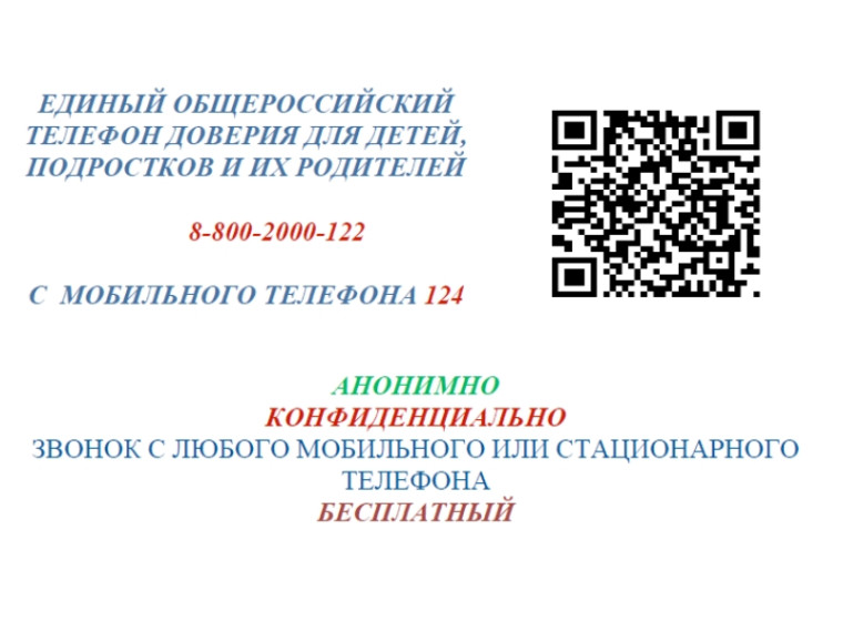 Единый общероссийский телефона доверия для детей, подростков и их родителей.